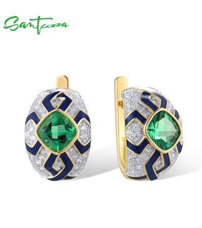 SANTUZZA 925 Sterling Silver Earrings Green Spinel Enamel Grand Solitaire Jewelry