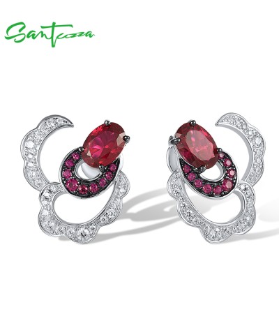 SANTUZZA 925 Sterling Silver Earrings Created Ruby White CZ Jewelry