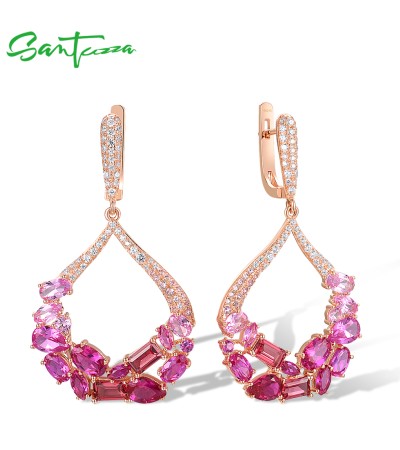SANTUZZA 925 Sterling Silver Dangling Earrings Created Pink Sapphire Ruby Jewelry