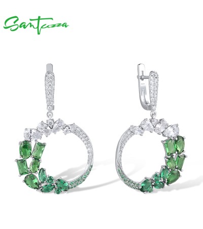 SANTUZZA 925 Sterling Silver Dangling Earrings Green Spinel White CZ Jewelry