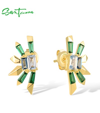 SANTUZZA 925 Sterling Silver Stud Earrings Green Blue Spinel Jewelry