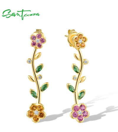 SANTUZZA 925 Sterling Silver Dangling Stud Earrings Multicolor Gems Fine Jewelry