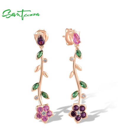 SANTUZZA 925 Sterling Silver Dangling Stud Earrings Colorful Gemstone Drop Flower Fine Jewelry