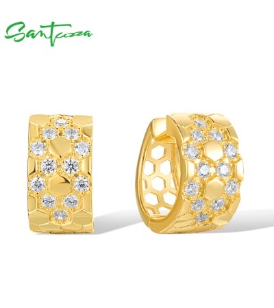 SANTUZZA 925 Sterling Silver Hoop Earrings White Cubic Zircon Hexagon Jewelry