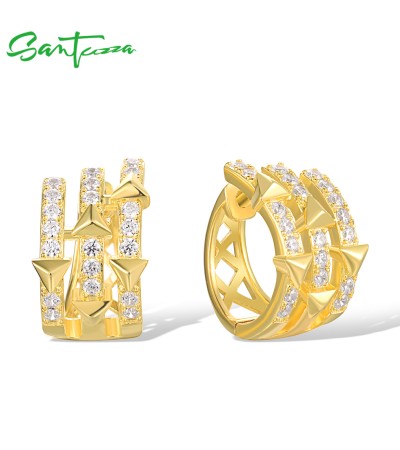 SANTUZZA 925 Sterling Silver Hoop Earrings White Cubic Zircon Pyramid Jewelry 