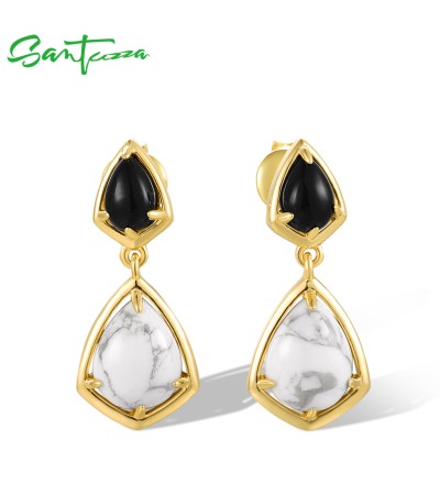 SANTUZZA 925 Sterling Silver Drop Earrings Black Agate White Magnesite Jewelry