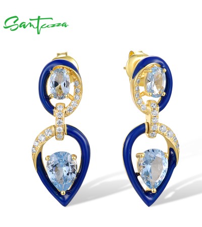 SANTUZZA 925 Sterling Silver Drop Earrings Blue Spinel Enamel Jewelry