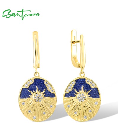 SANTUZZA 925 Sterling Silver Earrings White CZ Elegant Sun Blue Enamel Jewelry