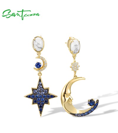SANTUZZA 925 Sterling Silver Earrings White CZ Blue Spinel Star&Moon Dangling Jewelry