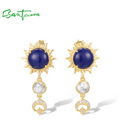 SANTUZZA 925 Sterling Silver Drop Earrings Created Lapis White CZ Jewelry