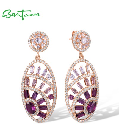 SANTUZZA 925 Sterling Silver Stud Earrings Purple Spinel White CZ Delicate Oval Jewelry