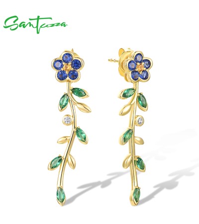 SANTUZZA 925 Sterling Silver Drop Stud Earrings Blue Flower Green Spinel Leaf Fine Jewelry