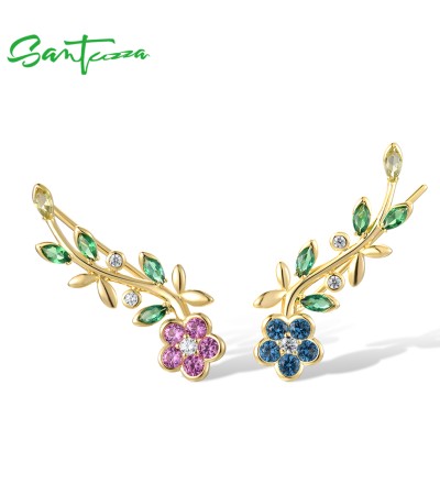 SANTUZZA 925 Sterling Silver Earrings Climber Colorful Gemstone Pierce Charm Fine Jewelry