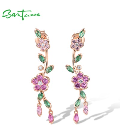 SANTUZZA 925 Sterling Silver Earrings Created Pink Sapphire Green Spinel Fine Jewelry