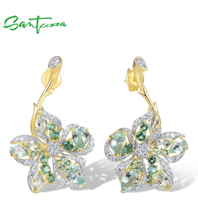 SANTUZZA 925 Sterling Silver Dangling Earrings Green Spinel Flower Jewelry