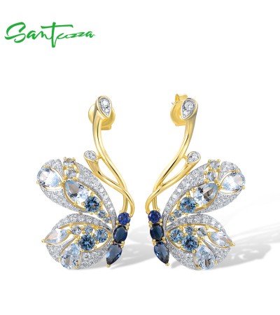 SANTUZZA 925 Sterling Silver Stud Earrings Blue Spinel White CZ Gorgeous Drop Butterfly Jewelry