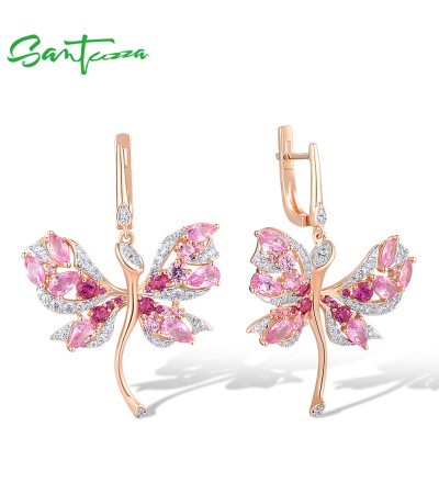 SANTUZZA 925 Sterling Silver Dangling Earrings Created Pink Sapphire Ruby Jewelry