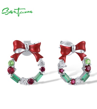 SANTUZZA 925 Sterling Silver Earrings Green Red Stones Christmas Wreath Bow Jewelry Enamel
