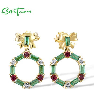 SANTUZZA 925 Sterling Silver Earrings Green Red Stones Unique Hexagon Christmas Jewelry