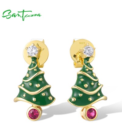 SANTUZZA 925 Sterling Silver Earrings Red Stones White CZ Christmas Tree Jewelry Enamel