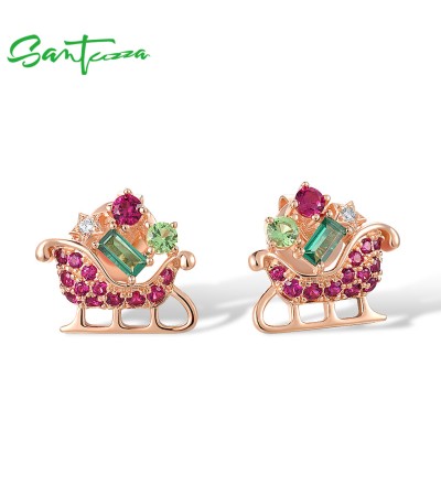 SANTUZZA 925 Sterling Silver Earrings Green Red Stones Exquisite Christmas Sleigh Jewelry