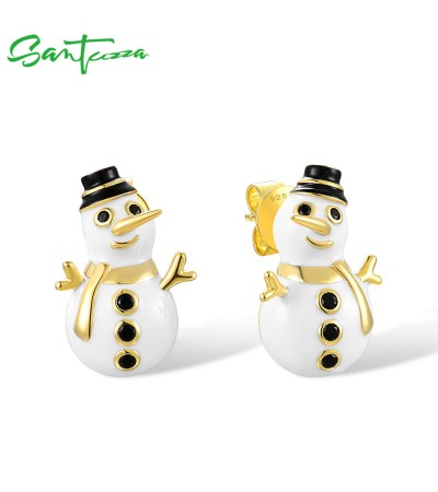SANTUZZA 925 Sterling Silver Stud Earrings Black Spinel Christmas Snowman Jewelry Enamel