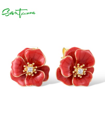 SANTUZZA 925 Sterling Silver Earrings White CZ Red Enamel Blossom Flower Fine Jewelry