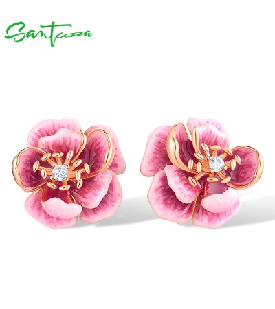 SANTUZZA 925 Sterling Silver Earrings White CZ Pink Enamel Flower Fine Jewelry