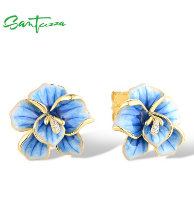 SANTUZZA 925 Sterling Silver Earrings White CZ Blue Enamel Blossom Flower  Fine Jewelry