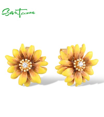 SANTUZZA 925 Sterling Silver Earrings  White CZ Enamel Yellow Flower Fine Jewelry