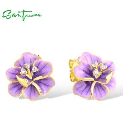 SANTUZZA 925 Sterling Silver Earrings White CZ Purple Enamel Flower Fine Jewelry