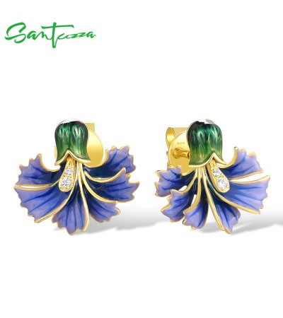 SANTUZZA 925 Sterling Silver Earrings White CZ Blue Enamel Floral Fine Jewelry