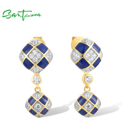 SANTUZZA 925 Sterling Silver Drop Earrings White CZ Blue Square Grid Enamel Jewelry