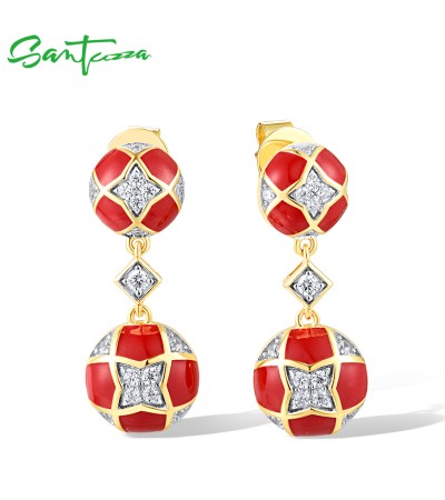 SANTUZZA 925 Sterling Silver Dangling Earrings White CZ Red Round Enamel Jewelry