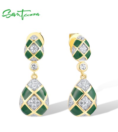 SANTUZZA 925 Sterling Silver Stud Earrings White CZ Green Pear Enamel Grid Jewelry