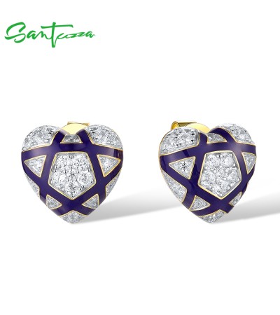 SANTUZZA 925 Sterling Silver Earrings White CZ Blue Enamel Heart Jewelry
