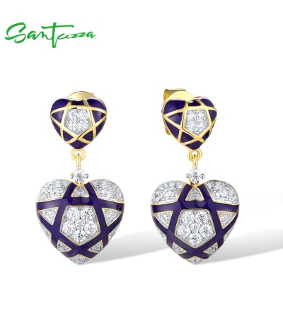 SANTUZZA 925 Sterling Silver Stud Earrings White CZ Blue Heart To Heart Enamel Jewelry