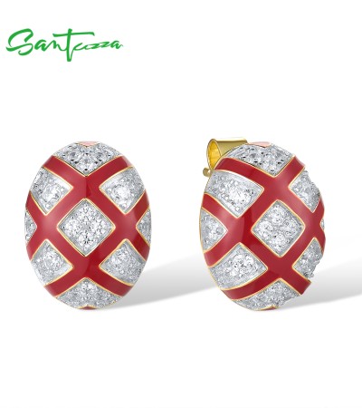 SANTUZZA 925 Sterling Silver Stud Earrings White CZ Red Cross Oval Enamel Jewelry