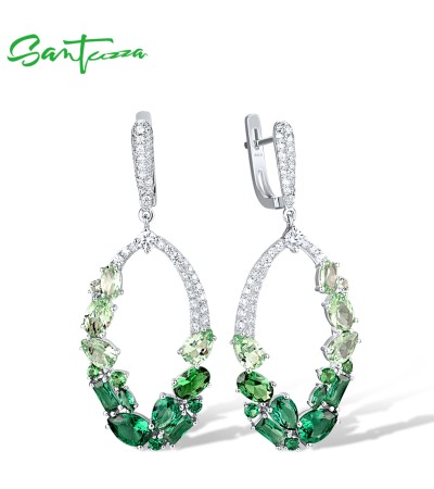 SANTUZZA 925 Sterling Silver Dangling Earrings Green Spinel White CZ Oval Jewelry