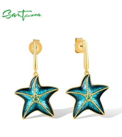 SANTUZZA Real 925 Sterling Silver Stud Earrings Green Spinel Enamel Star Fish Summer New Jewelry