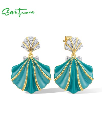 SANTUZZA 925 Sterling Silver Stud Earrings White CZ Greenish Shell Enamel Summer New Jewelry