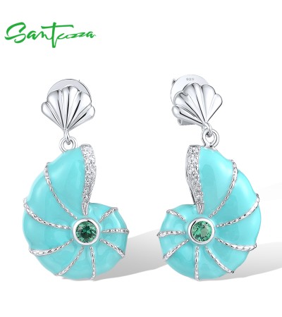 SANTUZZA 925 Sterling Silver Stud Earrings Green Spinel Enamel Sea Snail  Summer New Jewelry