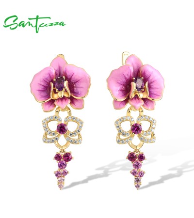 SANTUZZA 925 Sterling Silver Earrings Created Pink Sapphire Enamel Orchid Flower Jewelry