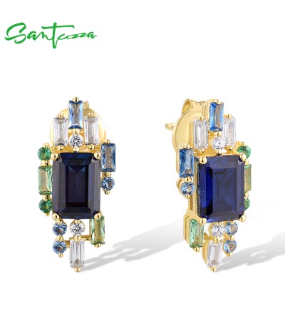 SANTUZZA 925 Sterling Silver Stud Earrings Sparkling Blue Spinel Starry Jewelry