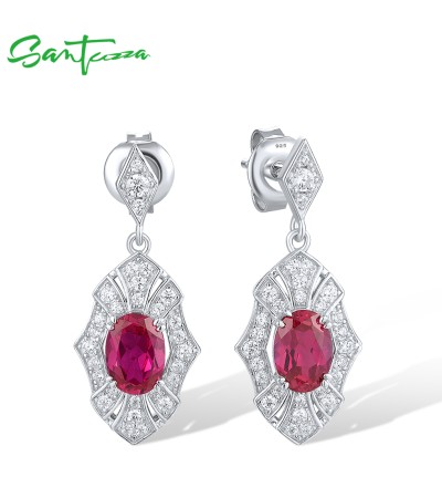 SANTUZZA 925 Sterling Silver Stud Earrings White CZ Created Ruby Dangling Grand Jewelry