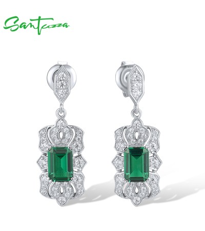 SANTUZZA 925 Sterling Silver Stud Earrings White CZ Green Spinel Long Jewelry