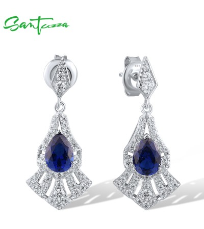 SANTUZZA 925 Sterling Silver Stud Earrings White CZ Blue Spinel Long Jewelry