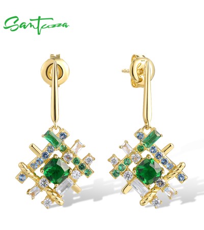 SANTUZZA 925 Sterling Silver Dangling Earrings Green Spinel Unique Weave Jewelry