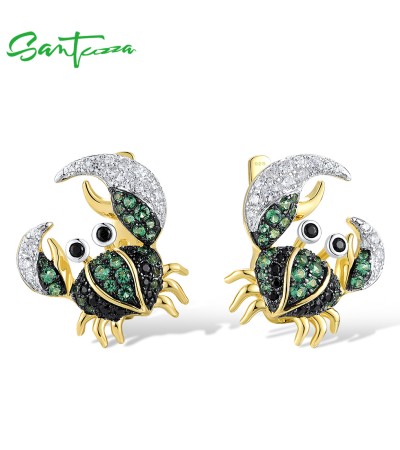 SANTUZZA 925 Sterling Silver Earrings Green Black Spinel Crab Latch Back Animal Jewelry