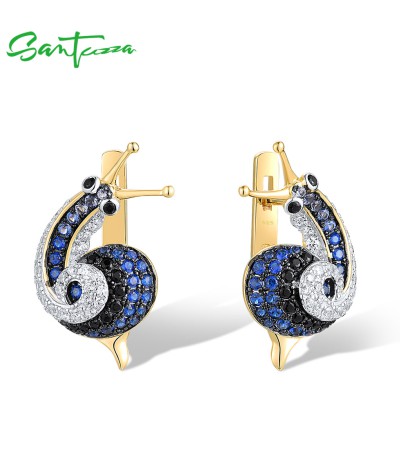 SANTUZZA 925 Sterling Silver Earrings Blue & Black Spinel Lovely Snail Latch Back Chic Gifts Fine Jewelry